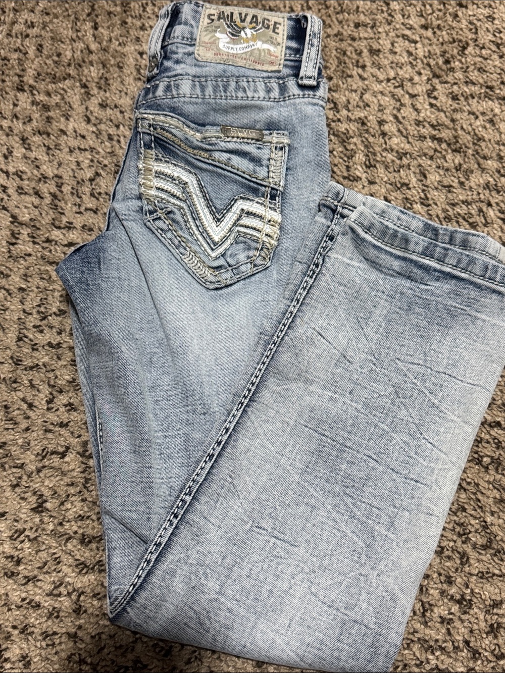 Salvage Light Wash Boot Cut Jeans with Embroidered Pockets